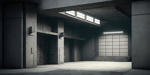 Poster - illustration of a contemporary rough concrete basement warehouse hangar dark showcase studio stage r