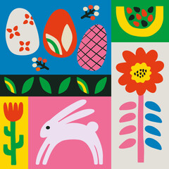 Poster - Happy Easter banner. Trendy Easter design. Modern minimal template with flora, rabbit, egg hand drawn.
