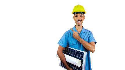 Engineers day - Black Man in Safety Helmet and Blue Shirt isolated. Engineer Holding Photovoltaic Solar Panel.