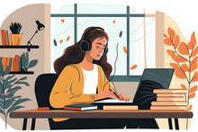 Flat Vector Illustration Happy Young Woman Smiling Student In Headphones Using Laptop For E-learning, Writing Notes, Studying Online Education Seminar Via Webinar, Study Online Seminar At Home...  