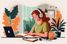 Flat Vector Illustration Busy Young Female Student Wearing Headphones Using Laptop E-learning, Writing Notes, Studying Online Education Seminar Via Webinar, Studying Online Seminar At Home...  