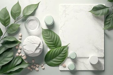 Canvas Print - Green leaves and natural cosmetics against a background of white stone, banner. Healthy lifestyle idea, bio research, and natural organic skincare. Generative AI