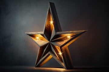 Large wooden star with a large number of lights are lit. Beautiful decor, design. Loft style Studio. Dark concrete background. Christmas, holiday, honorary star. Five stars 5 stars. Generative AI