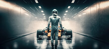 Formula One Racing Driver Before Start Of Competition On Track. Banner With Copy Space, Digital I Art
