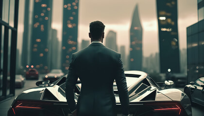 Wall Mural - Businessman in suit standing by the modern supercar, Skyscrapers on background. Concept of a successful businessman, success. digital ai art	