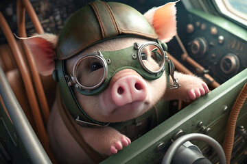 Little pig flying an airplane generated with AI