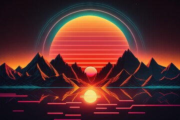 Canvas Print - Retro futuristic background with neon sun and mountains reflecting the light . Generative AI