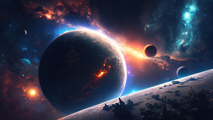 Wall Mural - Fantastic cosmic galactic background. A stunning display of outer space with planets, colorful nebulae and shiny stars from a rocky surface of alien planet. Generative Ai.
