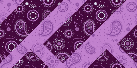 Wall Mural - purple bandana kerchief paisley fabric patchwork abstract vector seamless pattern.