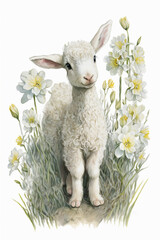 Wall Mural - Cute baby lamb and flowers watercolor, Generative AI