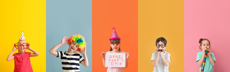 Sticker - Set of funny children on colorful background. April Fools Day celebration