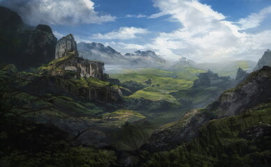 Wall Mural - Fantastic Epic Magical Landscape of Mountains. Summer nature. Mystic Valley, tundra, forest, hills. Game assets. Celtic Medieval RPG gaming background. Rocks and grass. Generative AI