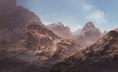 Wall Mural - Fantastic Epic Magical Landscape of Mountains. Summer nature. Mystic Valley, tundra, forest, hills. Game assets. Celtic Medieval RPG gaming background. Rocks and grass. Generative AI