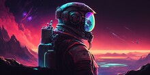 Astronaut Wearing A Helmet In A Raster Illustration. The Robotic Humans Of The Future In Cyberpunk Style. Space Suit, Northern Lights In The Distance, Neon Glow, And Cosmonaut. A Postmodern Idea
