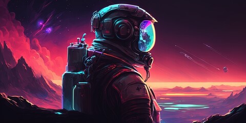 Astronaut wearing a helmet in a raster illustration. The robotic humans of the future in cyberpunk style. Space suit, northern lights in the distance, neon glow, and cosmonaut. a postmodern idea