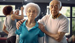 © jovannig - A happy elderly couple at gym rehab. Active seniors - Generative AI