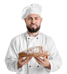 Canvas Print - Male baker with fresh bread on white background