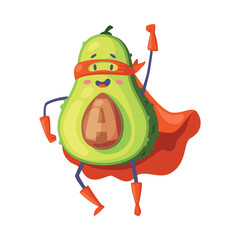 Sticker - Green Avocado Superhero Character with Raised Arm Wearing Red Cloak or Cape and Mask as Justice Fighter Vector Illustration