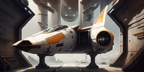 Wall Mural - An abandoned sci fi interior features an old scratched metal white and orange starship floating over a bridge and containing a cryo room in empty space. Gunship and assault fighter illustration