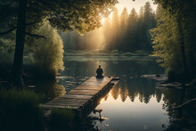Experience A Serene Sunrise On A Peaceful Lake Surrounded By Lush Green Forests. Find Inner Peace While Sitting On A Wooden Dock, Feeling The Gentle Breeze And The Sounds Of Nature. Generative AI