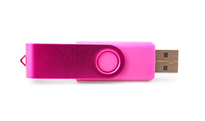 Pink USB flash drive on white background