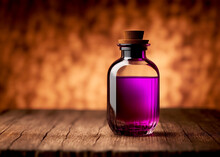 One Single Transparent Glass Bottle Of A Purple Potion Mix On A Wooden Table, Blurred Background, Copy Space. Perfume, Magical Potion In A Fantasy Setting, Elixir Concept, Nobody, Generative AI