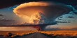 Huge, beautiful thundercloud that the sunset has illuminated. Orange grass has overtaken the steppe. Argentina's never ending prairie and the renowned dirt road Ruta 40. Generative AI