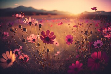 Sticker - Beautiful pink and red cosmos flower field with sunset in the background. retro color toning. Generative AI