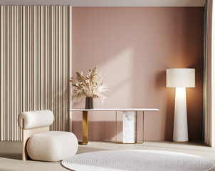 Wall Mural - Room with light pink wall and wooden floor and beige modern armchair. Bright room interior mockup. Empty room for mockup. 3d rendering