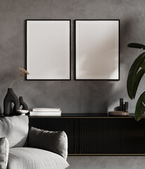 Wall Mural - Two frame mockup in stylish interior with decoration, living room in gray color with black console, 3d render