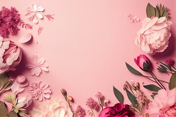 assorted pink flower border on pink background, flat lay. happy spring holidays. valentine's day. bi