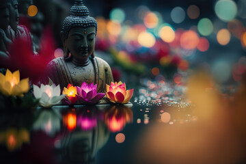 Buddha statue with a lotus flowers floating on the water. Generative Ai.