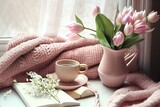 Fototapeta Tulipany -  Cozy Easter, spring still life scene. Cup of coffee, opened notebook, pink knitted plaid on windowsill. Vintage feminine styled photo, floral composition with tulips, hyacinth an AI Generated