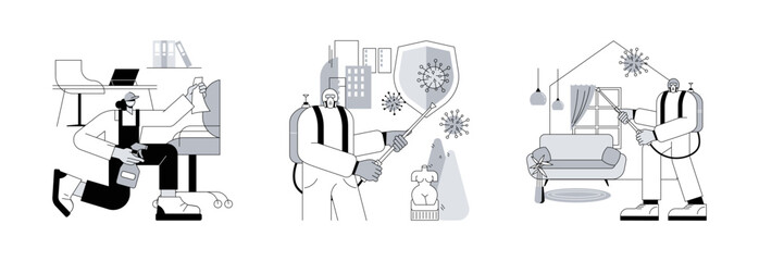 Poster - Covid19 virus spread control abstract concept vector illustration set. Commercial cleaning, public place sanitizing, home sterilization services, personal hygiene, office cleanup abstract metaphor.