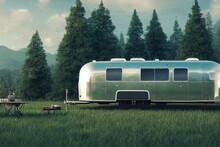 Vintage Airstream Trailer In Scenic Landscape. Generative AI