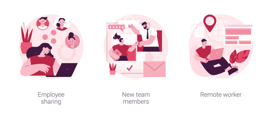 Poster - Teamwork abstract concept vector illustration set. Employee sharing, new team members, remote worker, online job, distance team, outsource freelancer, sign contract, adaptation abstract metaphor.