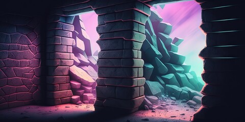 Poster - CG artwork background illustration of futuristic rock wall with pastel glowing windows. Generative AI