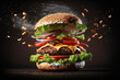 © Lasvu - Delicious burger with floating components against a dark wood table. Generative AI