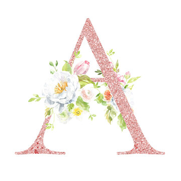 Watercolor Rose gold glitter floral alphabet. Spring flowers letter A monogram initials illustration. Botanical, rose peony bouquet, green, garden decor. Spring wedding stationery greeting card, rsvp