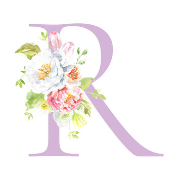 Watercolor lilac, Rose, pink floral alphabet. Spring flowers letter R monogram initials illustration. Botanical, rose peony bouquet, green, garden decor. Spring wedding stationery greeting card, rsvp