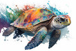 illustration of multicolored sea turtle swimming amidst stains of watercolor paint