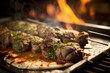 Lamb tikka kebabs from India frying on a heated griddle. Shallow depth of field; center of attention. Generative AI