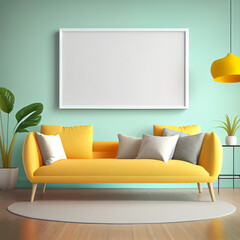 Frame mockup in living room. Wall art framed canvas poster mockup. Generative AI