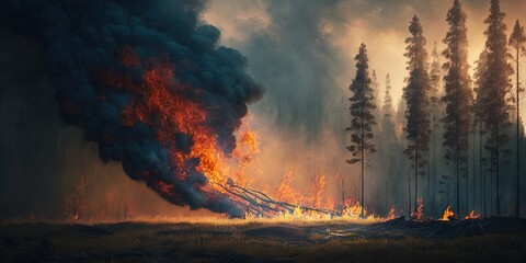 Wall Mural - Raging forest spring fires. Burning dry grass. Grass is on fire in the meadow. Ecological catastrophy. Fire and smoke destroy all life. Firefighters put out a big fire. A lot of smoke. Generative AI