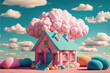 A pink house surrounded by balloons and clouds, vray, behance hd, generative AI

