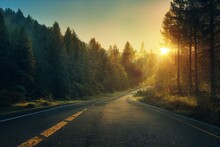 Road In Summer Forest At Sunset In Italy. Beautiful Mountain Roadway, Trees With Green Foliage And Sunlight. Landscape With Empty Asphalt Road Through Woodland, Blue Sky, High Rocks.. Generative AI