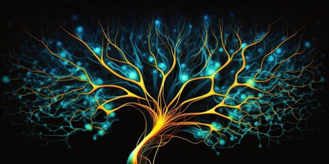 Vibrant abstract illustration of human nervous system showing the flow of signals and communication, concept of Neural Network and Synaptic Transmission, created with Generative AI technology