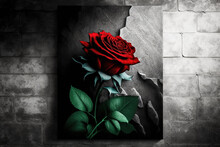 Red Rose Against A Black And White Textured Wall, Generative Ai