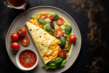 Wall Mural - Omelet and vegetables in a breakfast vegetarian tortilla wrap on a platter. sandwich in a tortilla. Generative AI
