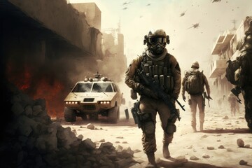 Wall Mural - Military Special Forces Soldiers Cross a War Zone Through Fire and Smoke A Concept Art Illustration Generative AI